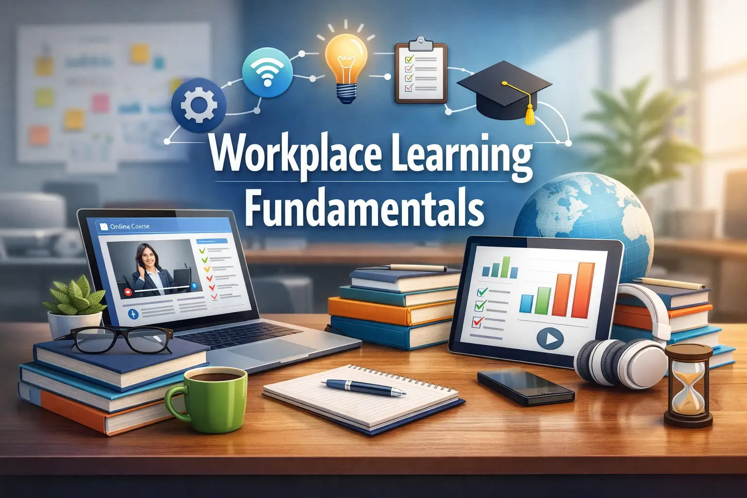 Professional workplace learning fundamentals course design with modern e-learning visuals