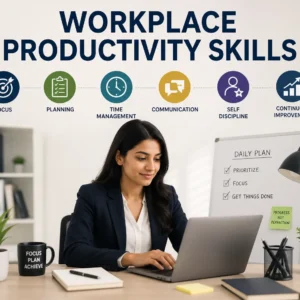 Modern educational banner for Workplace Productivity Skills course with digital tools