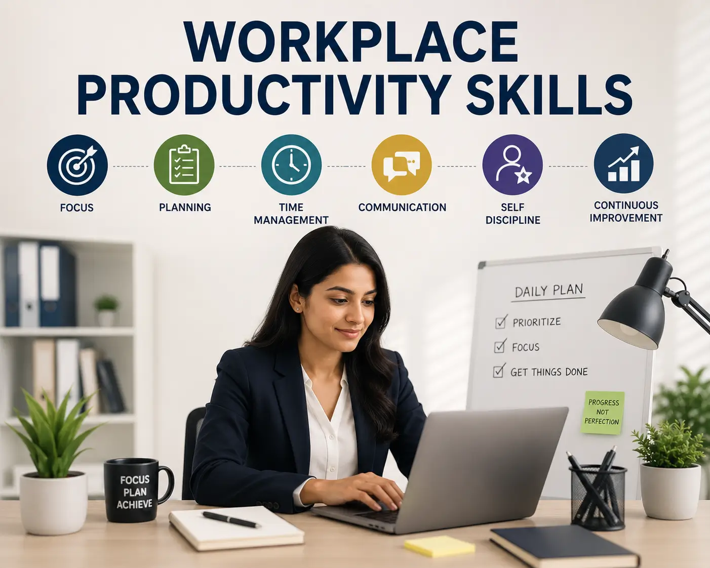 Modern educational banner for Workplace Productivity Skills course with digital tools