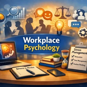 Workplace Psychology course image showing brain, stress management, and teamwork visuals