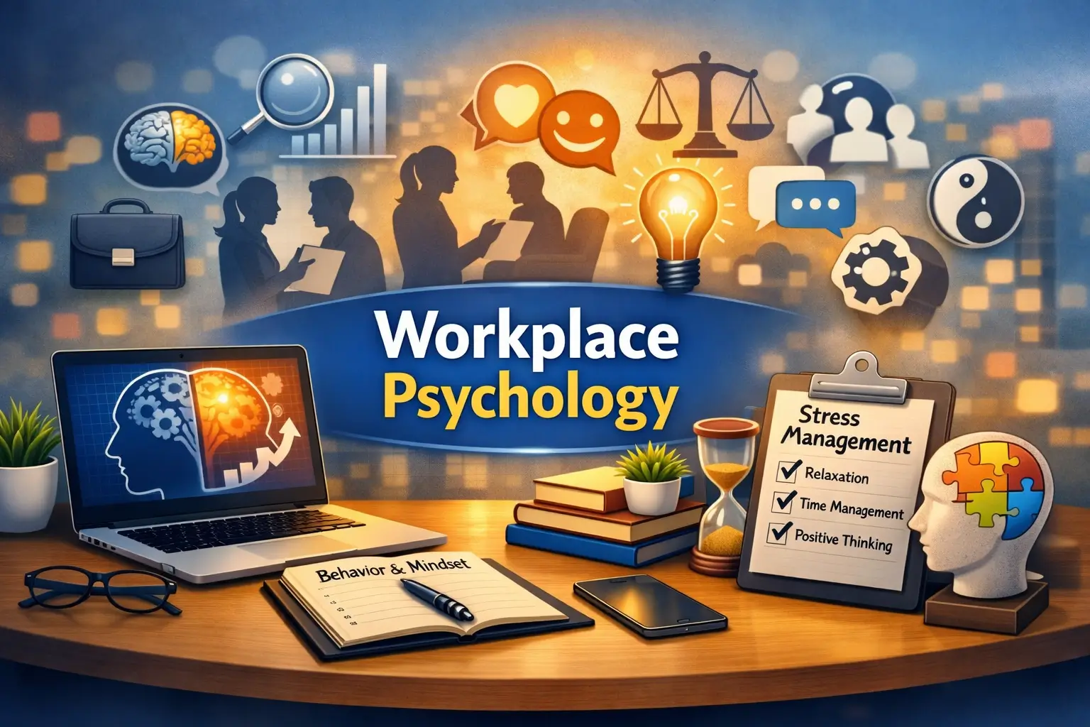 Workplace Psychology course image showing brain, stress management, and teamwork visuals