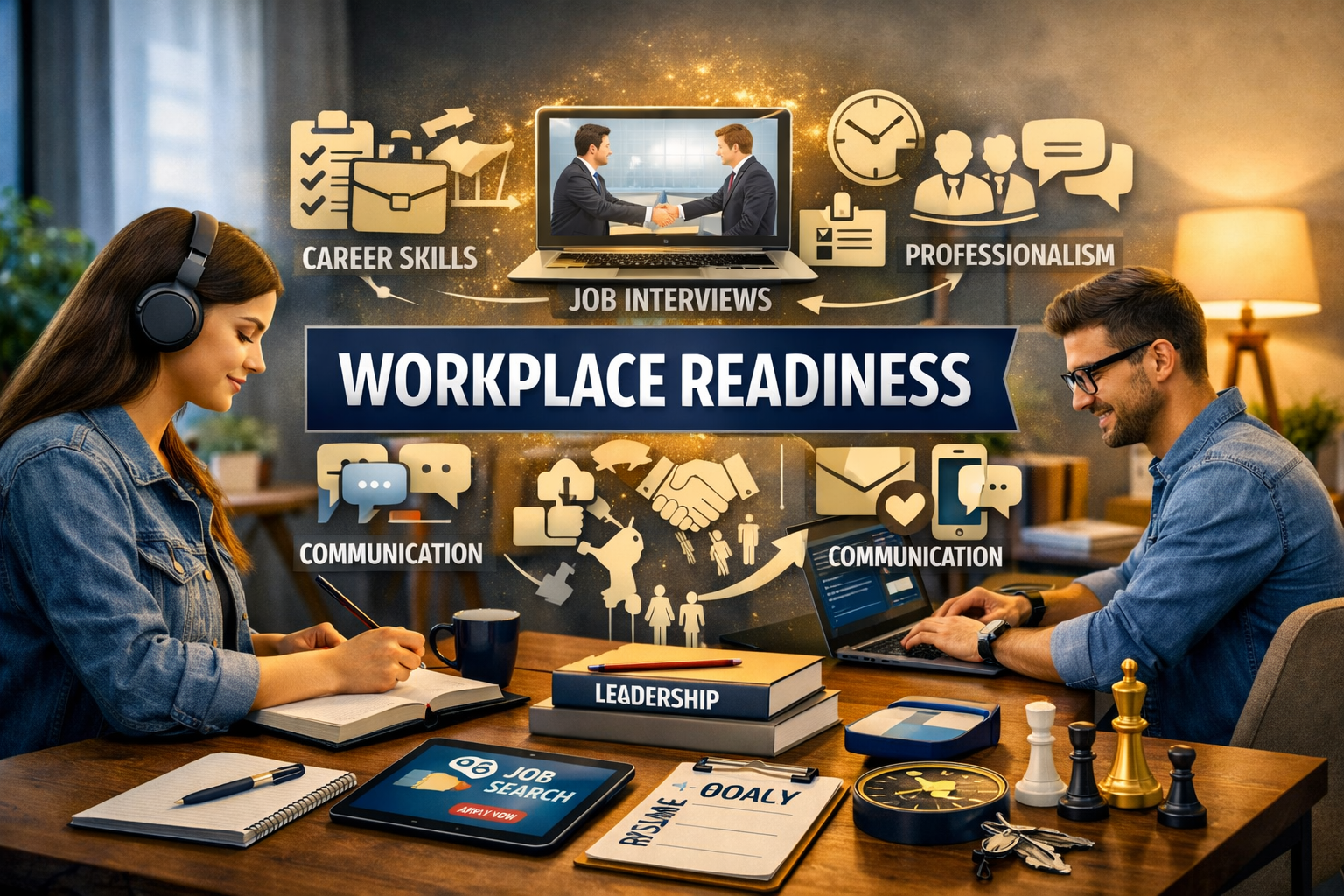 High-quality educational banner showing Workplace Readiness course with career and communication visuals