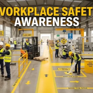Professional workplace safety awareness course design with safety and protection visuals