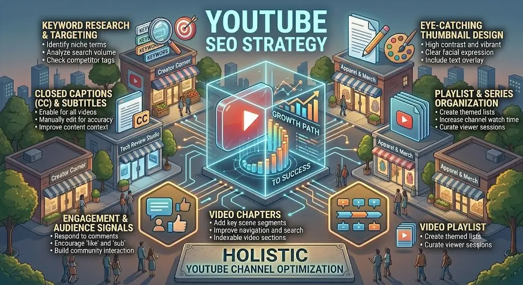 High-quality YouTube SEO banner with video marketing and optimization visuals