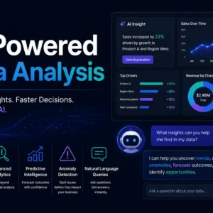 Modern educational image for AI Powered Data Analysis course with artificial intelligence and data visualization visuals