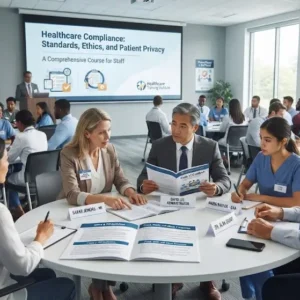 Modern educational image for Healthcare Compliance course with regulatory and healthcare governance visuals
