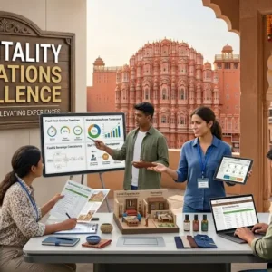 Modern educational image for Hospitality Operations Excellence course with hotel operations and guest satisfaction visuals