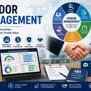 Professional Vendor Management course image featuring supplier relationships, contract management, procurement processes, and vendor performance tracking.