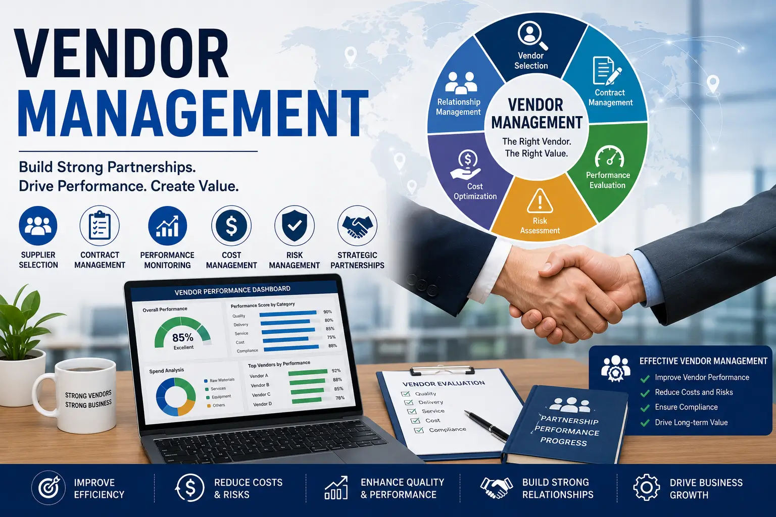 Professional Vendor Management course image featuring supplier relationships, contract management, procurement processes, and vendor performance tracking.