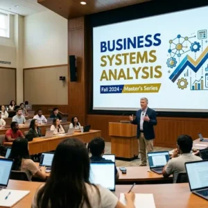 Modern educational image for Business Systems Analysis course with process modeling and system design visuals