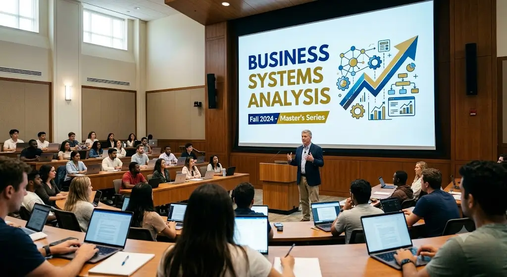 Modern educational image for Business Systems Analysis course with process modeling and system design visuals