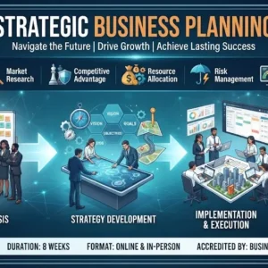 Modern educational image for Strategic Business Planning course with organizational strategy and planning visuals