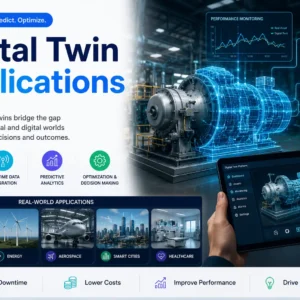 Modern educational image for Digital Twin Applications course with simulation and real-time data visuals