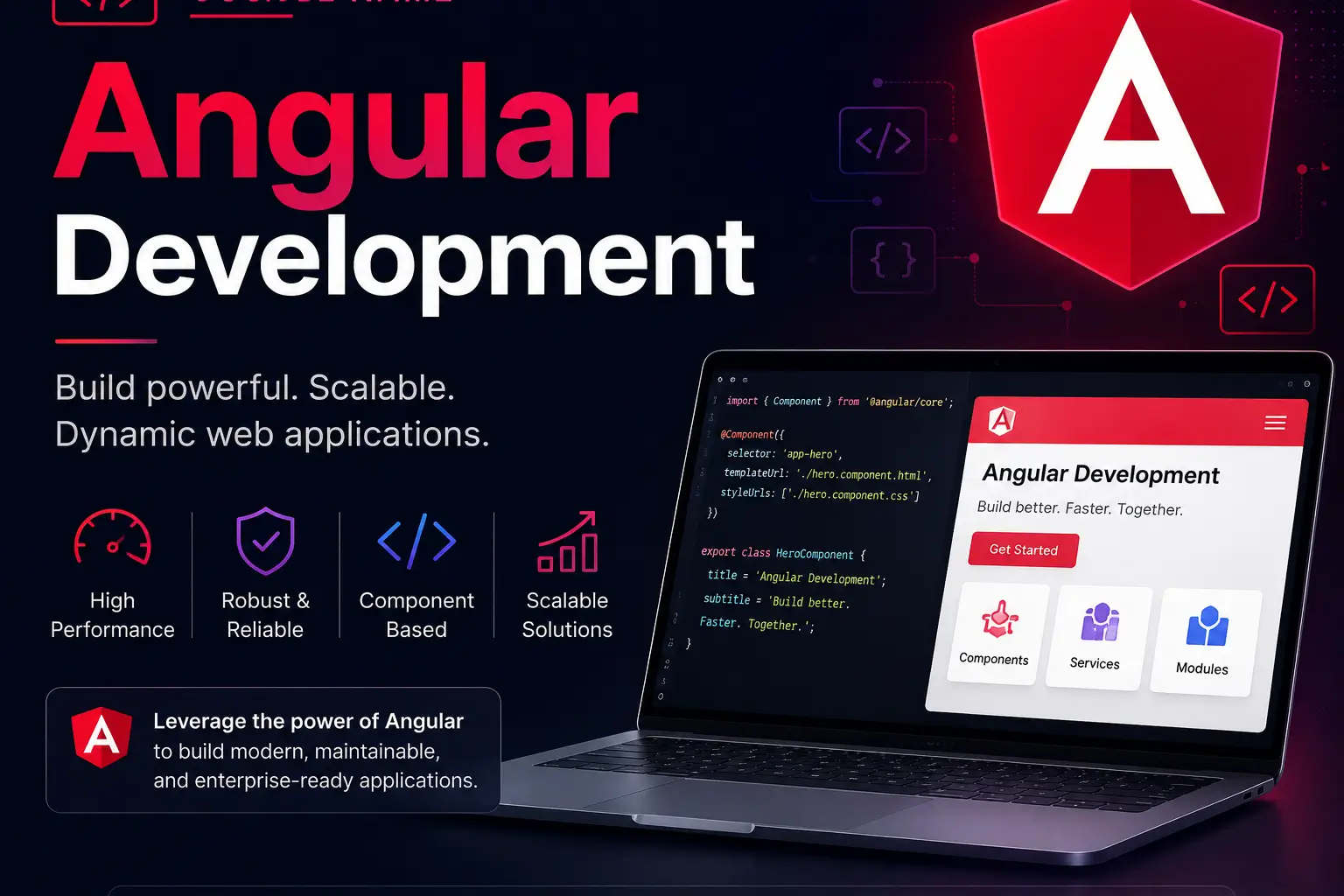 Modern educational image for Angular Development course with front-end framework and dynamic component visuals