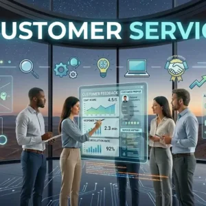 Four professionals analyze customer service data on a large transparent screen with empathy mapping.