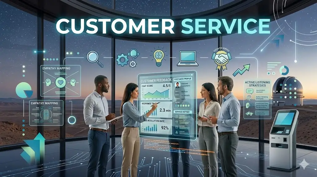 Four professionals analyze customer service data on a large transparent screen with empathy mapping.