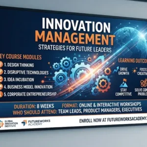 Modern educational image for Innovation Management course with creativity and organizational strategy visuals