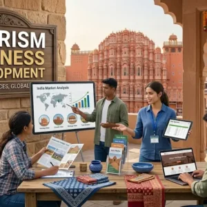 Modern educational image for Tourism Business Development course with tourism entrepreneurship and destination growth visuals
