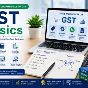 Professional e-learning image showing GST Basics taxation and compliance concepts
