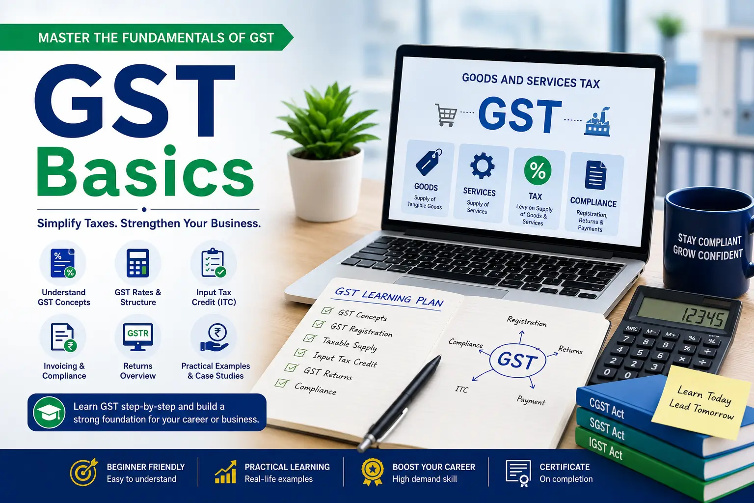 Professional e-learning image showing GST Basics taxation and compliance concepts