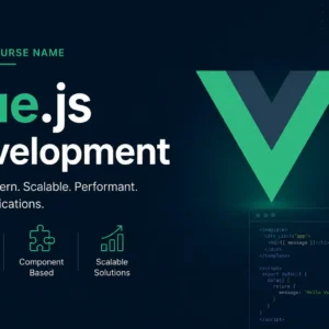 Modern educational image for Vue.js Development course with front-end framework and reactive component visuals