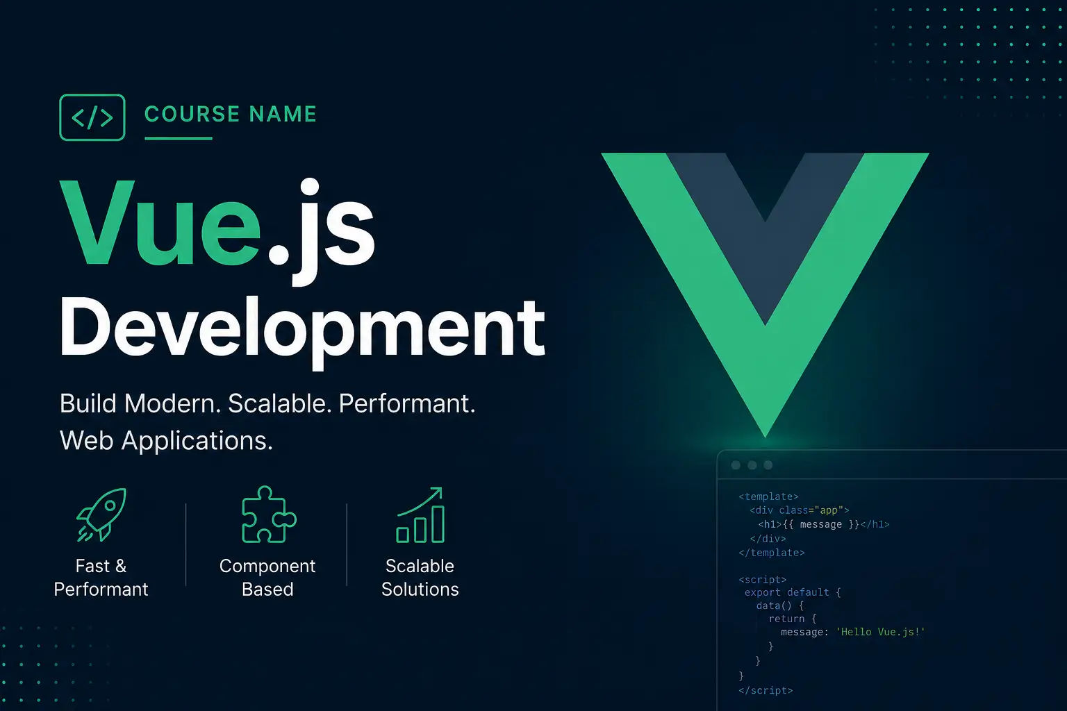 Modern educational image for Vue.js Development course with front-end framework and reactive component visuals