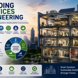 Educational banner showing Building Services Engineering with HVAC, electrical, and plumbing systems