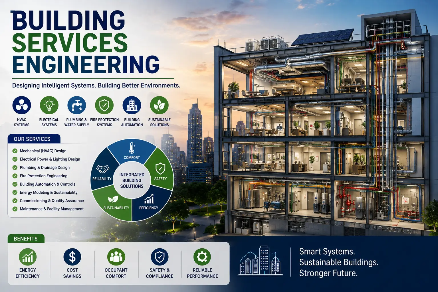 Educational banner showing Building Services Engineering with HVAC, electrical, and plumbing systems