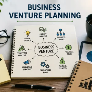 Modern educational banner for Business Venture Planning course with workplace visuals