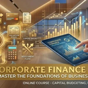 High-quality educational course image for Corporate Finance Basics with corporate and financial visuals.