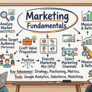 Modern educational image for Marketing Fundamentals course with branding and consumer strategy visuals