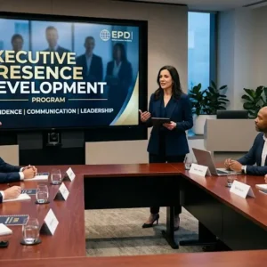 Modern educational image for Executive Presence Development course with confidence and leadership visuals