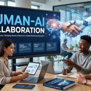 Modern educational image for Human-AI Collaboration course with teamwork and AI integration visuals