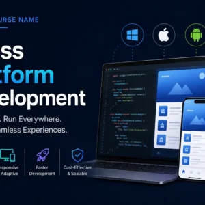 Modern educational image for Cross Platform Development course with multi-device and framework visuals