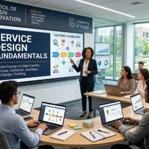 Modern educational image for Service Design Fundamentals course with customer experience and design thinking visuals