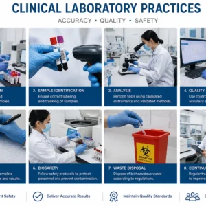 Educational banner showing Clinical Laboratory Practices with microscopes, test tubes, and laboratory equipment