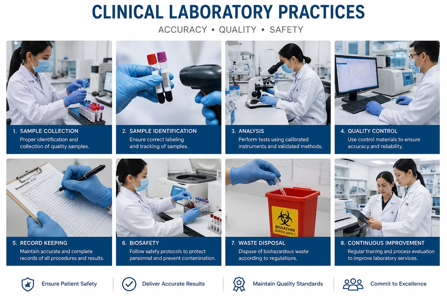 Educational banner showing Clinical Laboratory Practices with microscopes, test tubes, and laboratory equipment