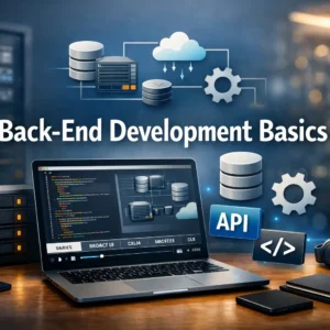 Back-End Development Basics course banner showing coding, servers, and cloud technology visuals.