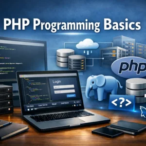 PHP Programming Basics course banner showing coding, PHP logo, and server visuals.