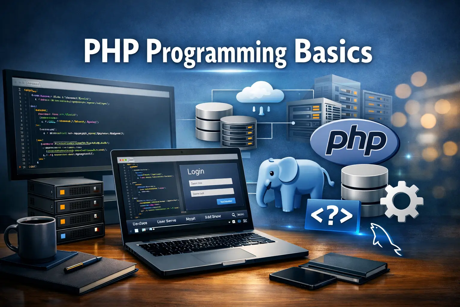PHP Programming Basics course banner showing coding, PHP logo, and server visuals.