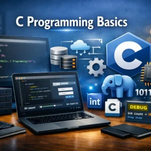 C Programming Basics course banner showing coding, C logo, and debugging visuals.