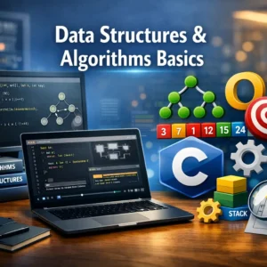 Data Structures & Algorithms Basics course banner showing coding, binary tree, and algorithm visuals.