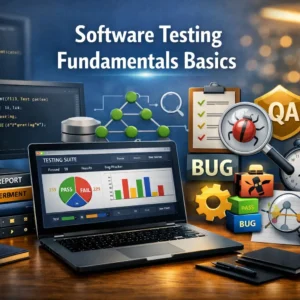 Software Testing Fundamentals Basics course banner showing testing dashboard, bug icons, and QA visuals.
