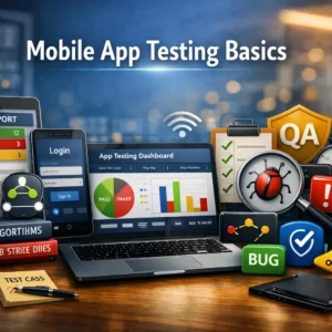 Mobile App Testing Basics course banner showing mobile devices, testing dashboard, and QA visuals.
