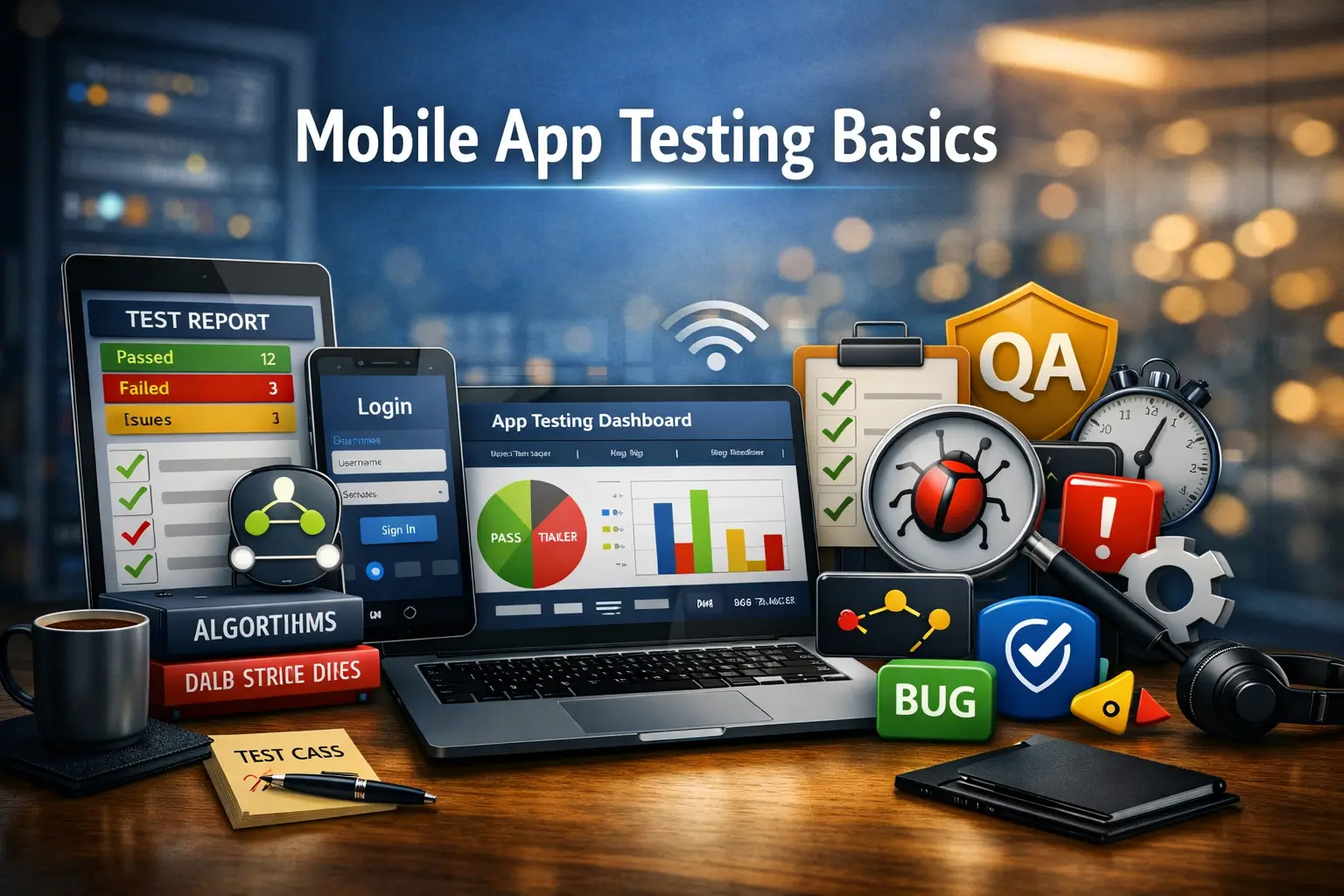 Mobile App Testing Basics course banner showing mobile devices, testing dashboard, and QA visuals.