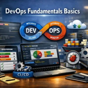 DevOps Fundamentals Basics course banner showing CI/CD pipeline, automation, and cloud infrastructure visuals.