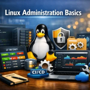 Linux Administration Basics course banner showing terminal commands, server racks, and Tux Linux mascot
