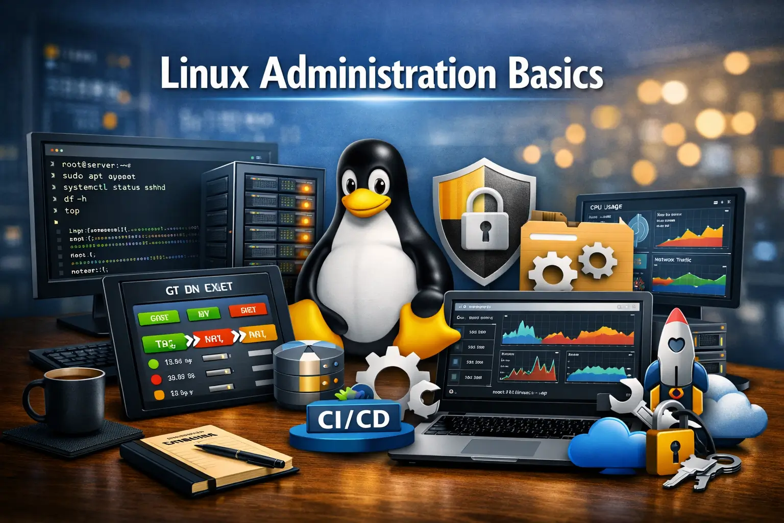 Linux Administration Basics course banner showing terminal commands, server racks, and Tux Linux mascot
