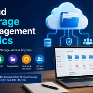 Cloud Storage Management Basics course banner showing cloud servers, secure data icons, and storage visual
