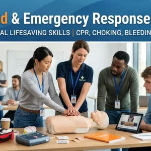 First Aid & Emergency Response Basics course banner showing medical kit, emergency icons, and safety visuals